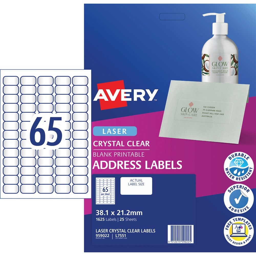 Labelling Avery Crystal Clear Laser Address Label L X Mm