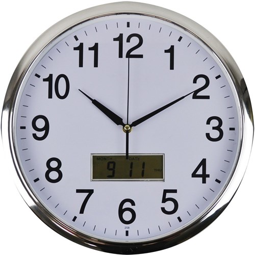 Clocks - Italplast Wall Clock Inset LCD Date Month 36cm Round Chrome ...