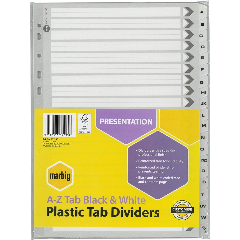 Dividers - MARBIG PLASTIC DIVIDER A4 Reinforced A-Z Tab Black ...